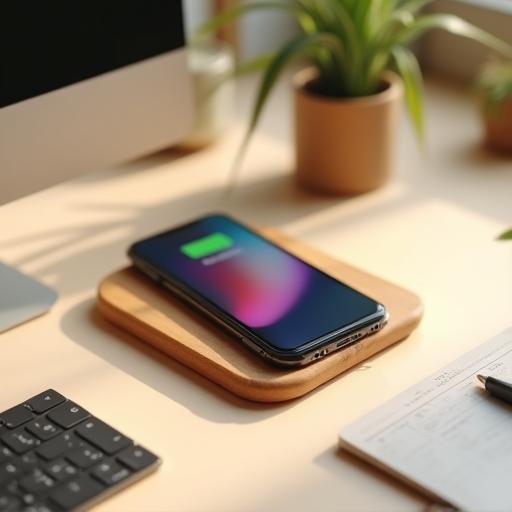 QiWave bamboo wireless charger on desk